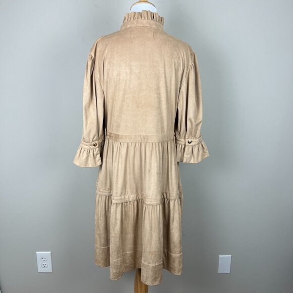 Gretchen Scott Dress Womens Large Beige Teardrop Ultra Suede Tiered Ruffle 3/4 - Picture 8 of 12